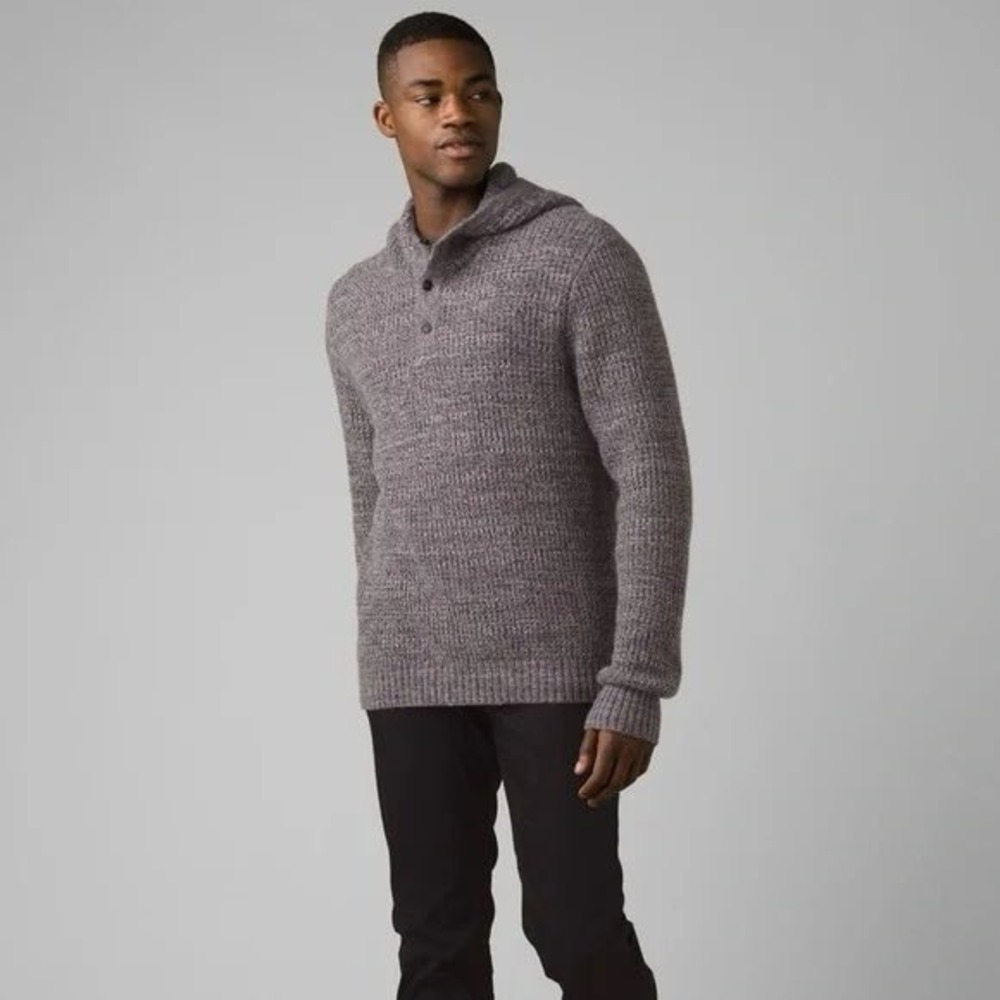 prAna Mens Marled Knit Henley Hoodie Sweater Grey M23202565‎ XL